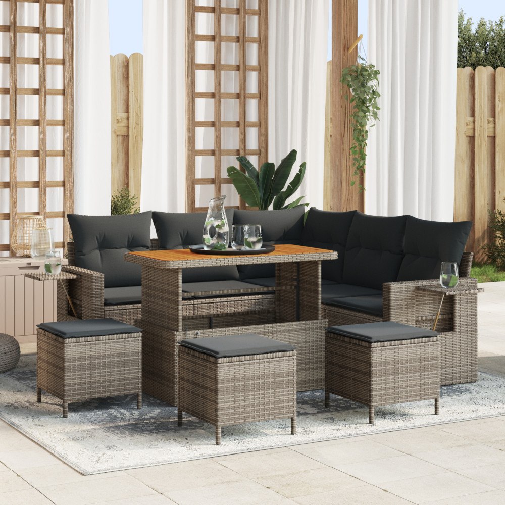 vidaXL 9-delat trädgårdsoff-set med kuddar Grå Poly Rattan Akacia, vidaXL 4-delat trädgårdsdining set med kuddar Grå Poly Ratta...