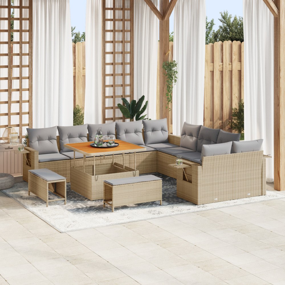 vidaXL 13-delars trädgårdsoffi set med dynor Beige Poly Rattan Acacia, vidaXL 3-delars trädgårdsdining set med dynor Beige Poly...