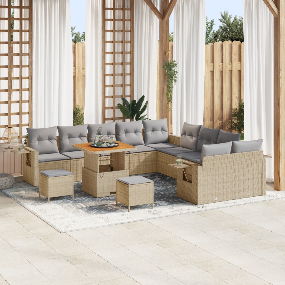 vidaXL 13-delad Trädgårdsoffset med kuddar Beige Poly Rottingsakacia, vidaXL 3-delad Trädgårdsmattsats med kuddar Beige Poly Ro...