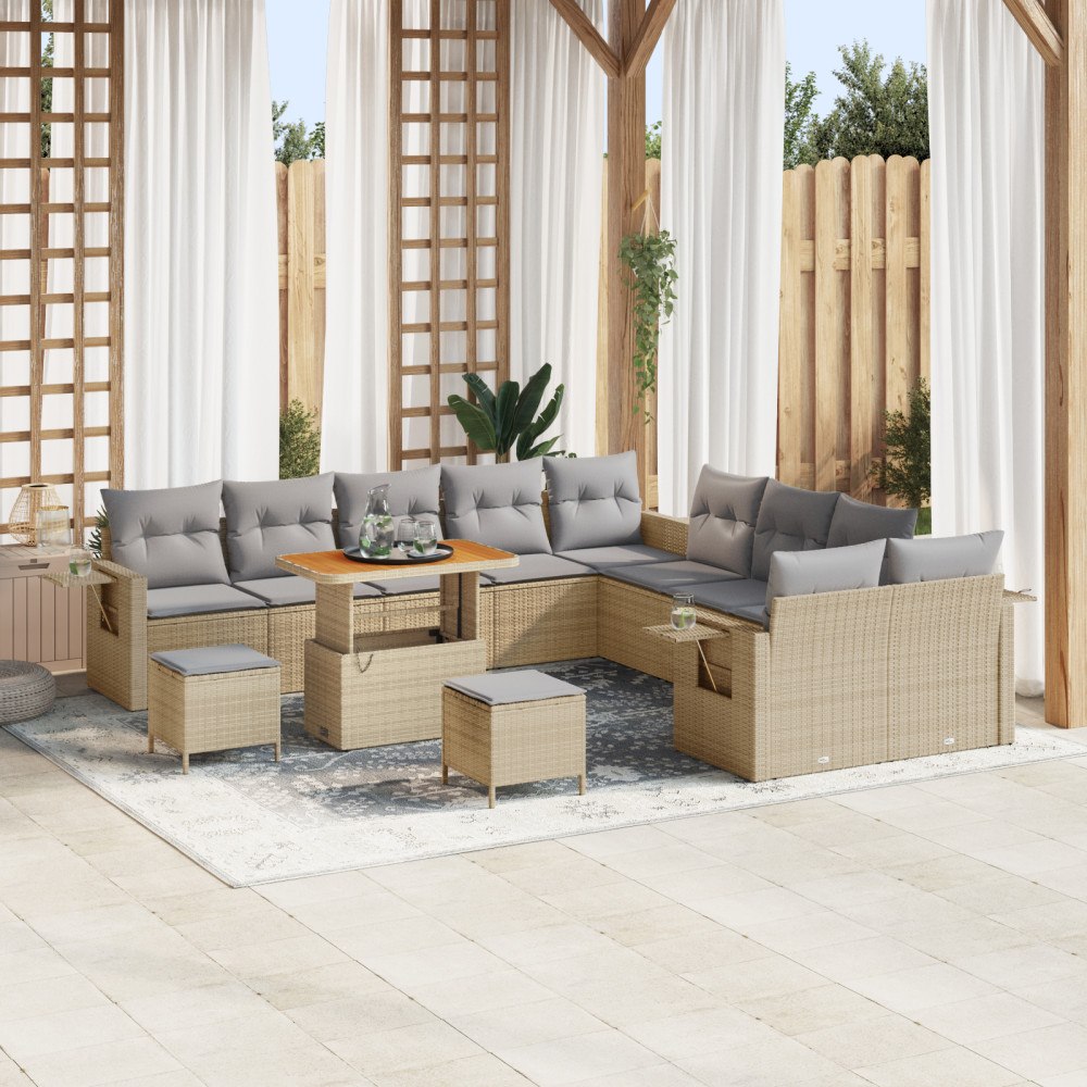vidaXL 13-delad trädgårdsoffa med kuddar beige polyrotting akacia, vidaXL 3-delat trädgårdsdining set med kuddar beige polyrott...