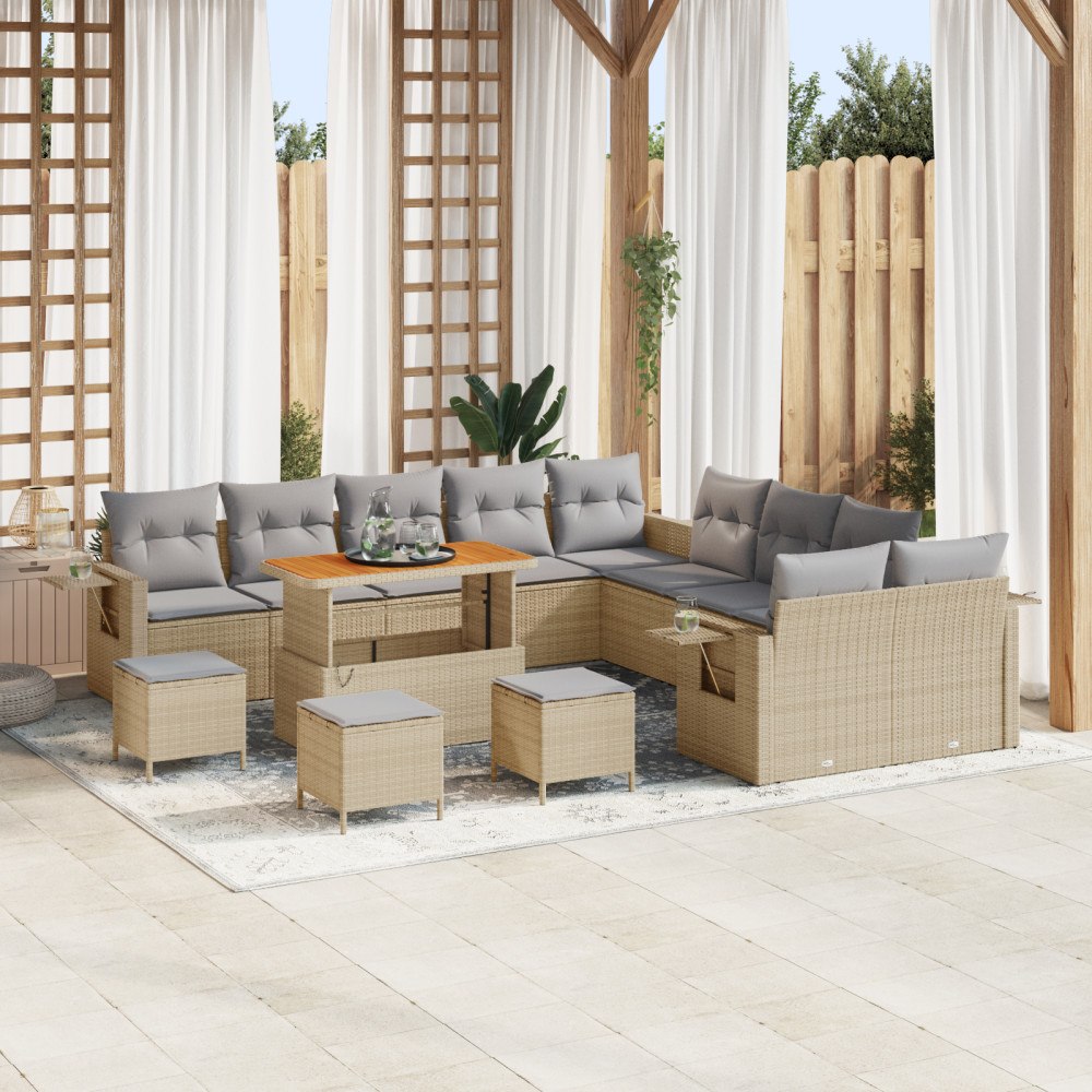 vidaXL 14-delars trädgårdsoffa set med kuddar beige polyrotting akacia, vidaXL 4-delars trädgårds matbord set med kuddar beige...