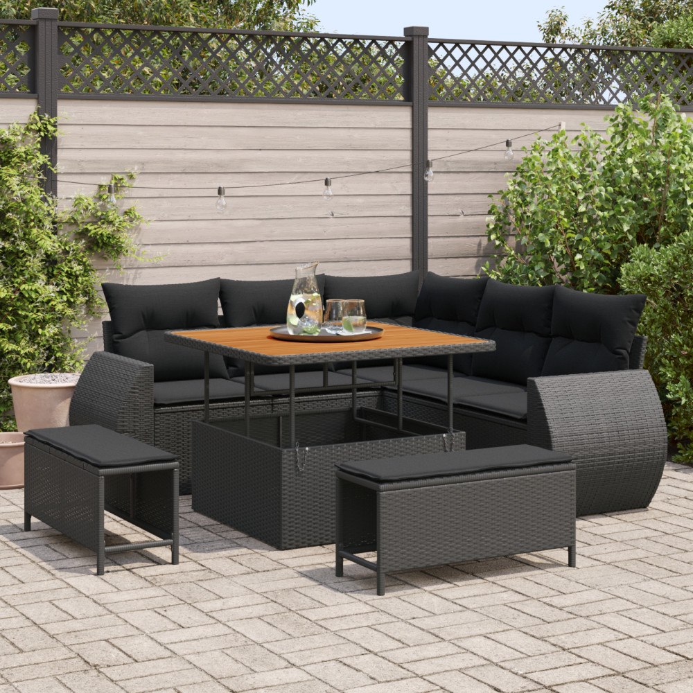 vidaXL 8-delat trädgårdsofa-set med kuddar svart poly rattan akacia, vidaXL 3-delat trädgårds matsats med kuddar svart poly rat...