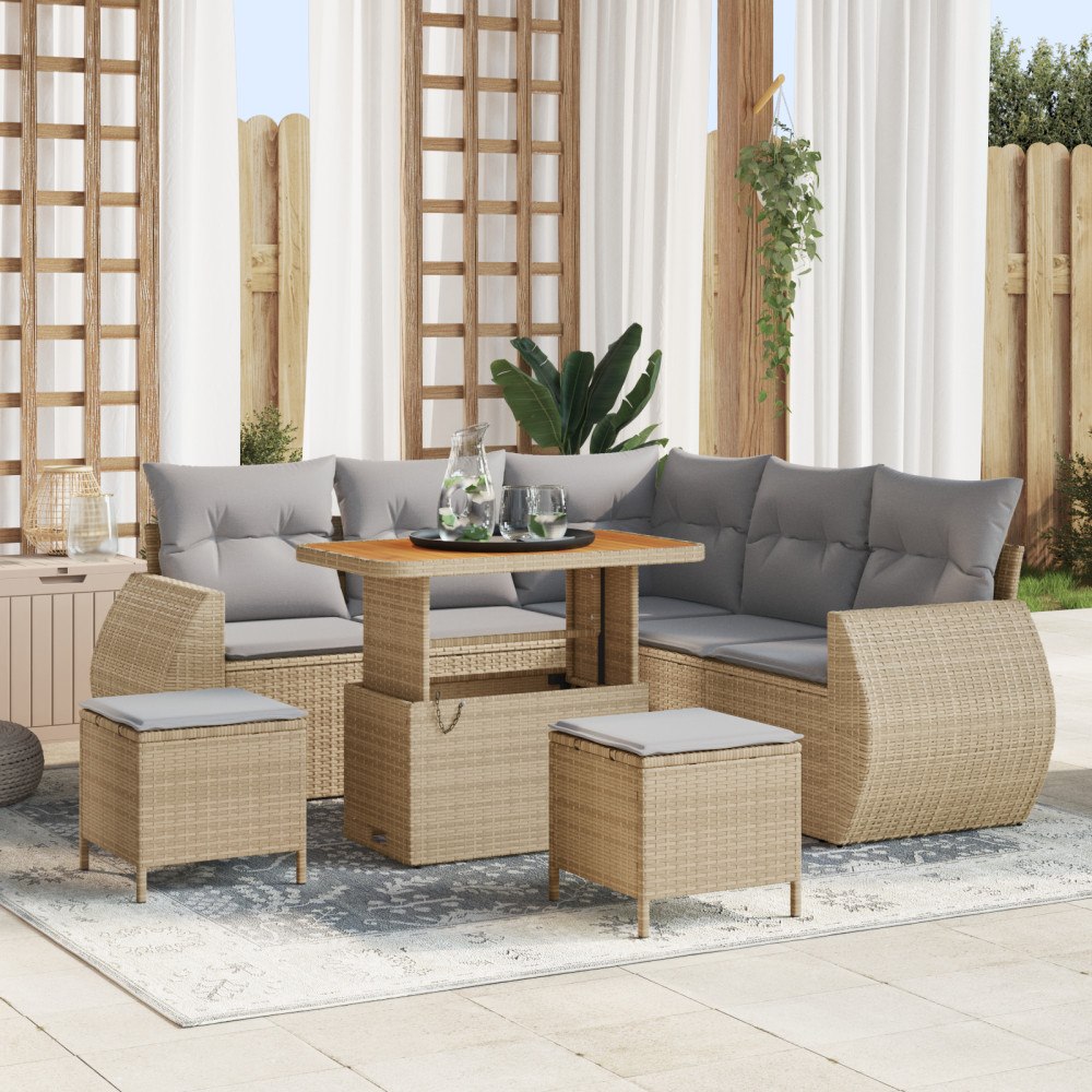 vidaXL 8-delat Trädgårdsoffset med kuddar Beige Poly-rotting Akacia, vidaXL 3-delat Trädgårsmatbord med kuddar Beige Poly-rotti...