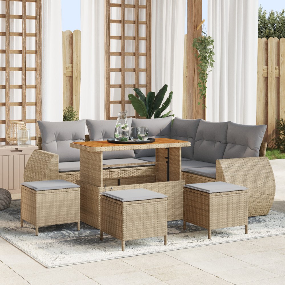 vidaXL 9-delat Trädgårdsoff set med Dynor Beige Poly Rattan Akacia, vidaXL 4-delat Trädgårdsdining set med Dynor Beige Poly Rat...