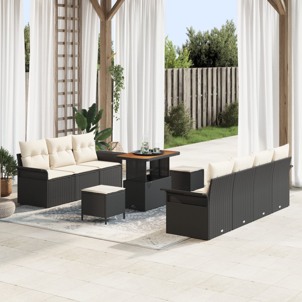 vidaXL 10-delat trädgårdsooffset med kuddar svart poly rattan akacia, vidaXL 2-sits trädgårdsoffa med kuddar svart poly rattan,...