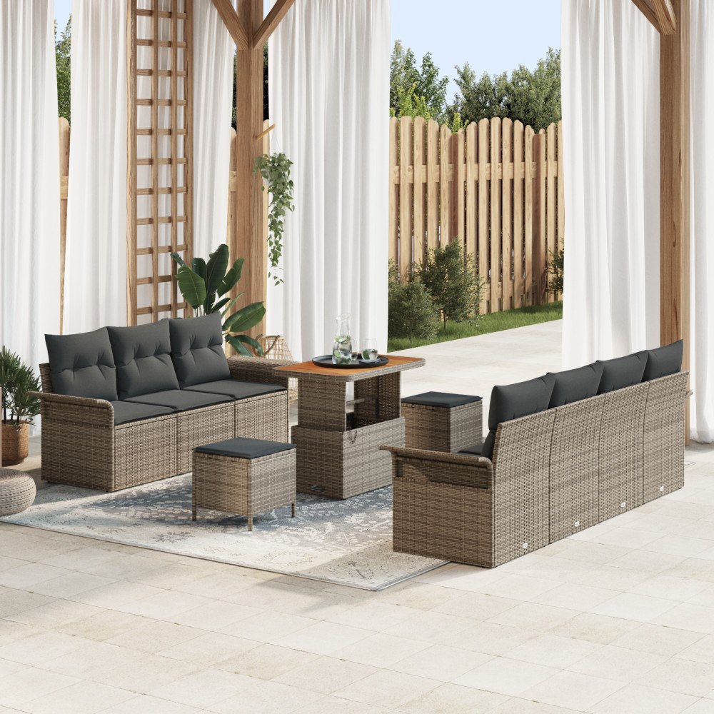 vidaXL 10-delat Trädgårdsoffset med Kuddar Grå Poly Rattan Akaciaträ, vidaXL 2-sits Trädgårdsoffa med Kuddar Grå Poly Rattan, v...