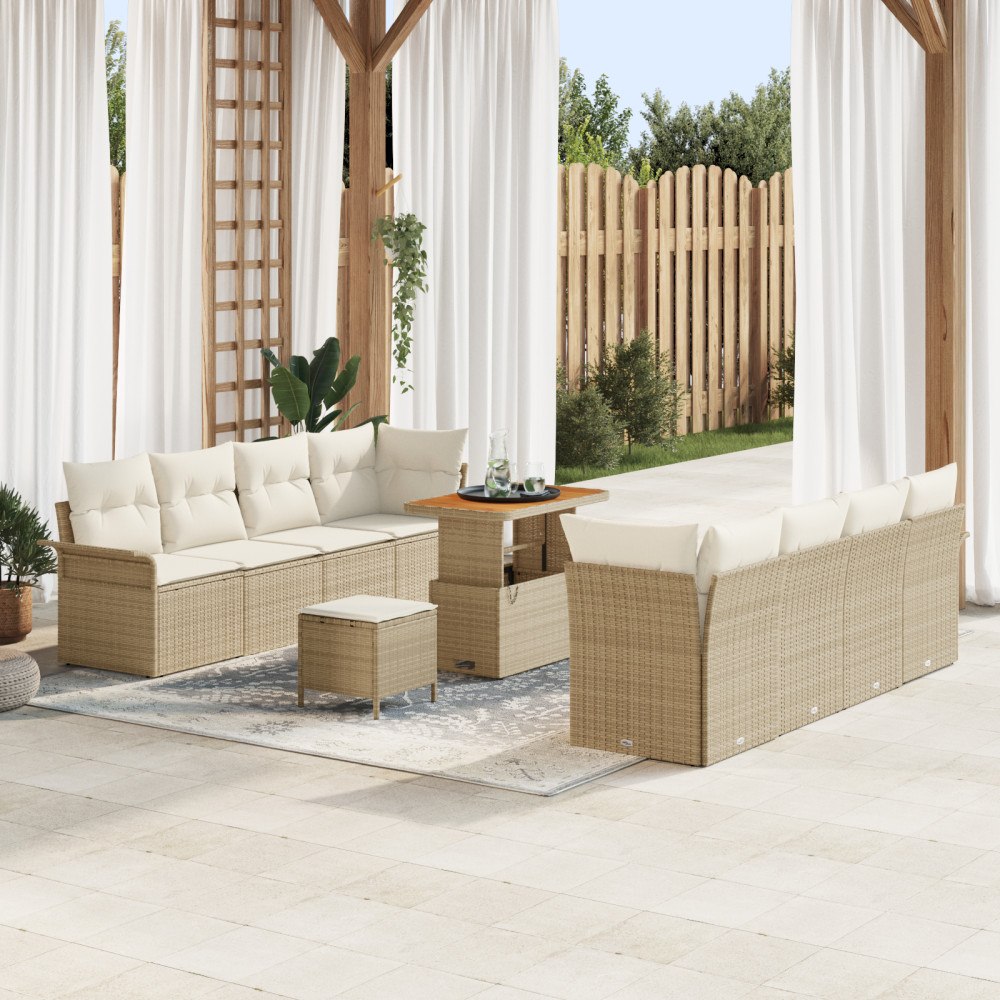 vidaXL 11-delat trädgårdsoffaset med kuddar Beige Poly Rattan Akacia, vidaXL 2-sits trädgårdsoffa med kuddar Beige Poly Rattan,...