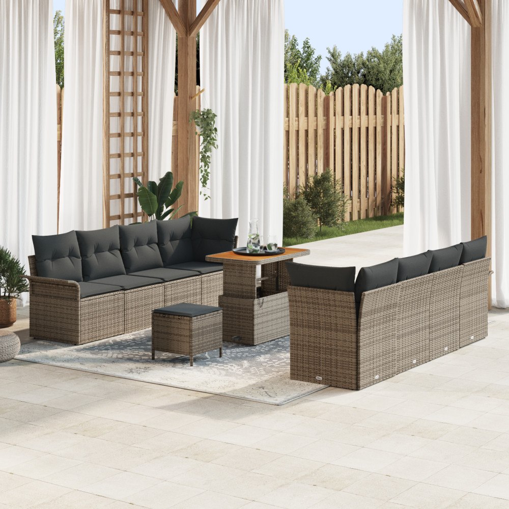 vidaXL 11-delad trädgårdsoffaset med kuddar i grå poly rattan akacia, vidaXL 2-sits trädgårdsoffa med kuddar i grå poly rattan,...