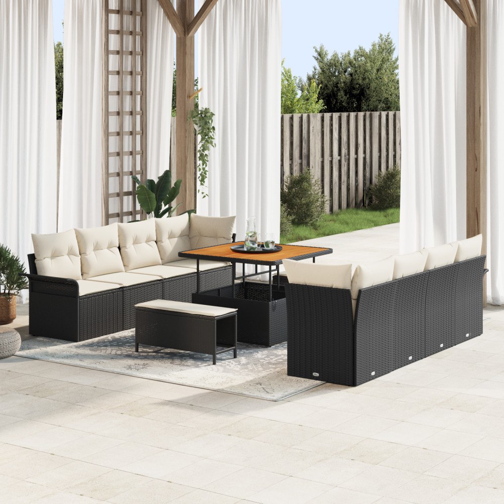 vidaXL 11-delad trädgårdsoffset med kuddar Svart Poly Rattan Akacia, vidaXL 2-sits trädgårdsoffa med kuddar Svart Poly Rattan,...