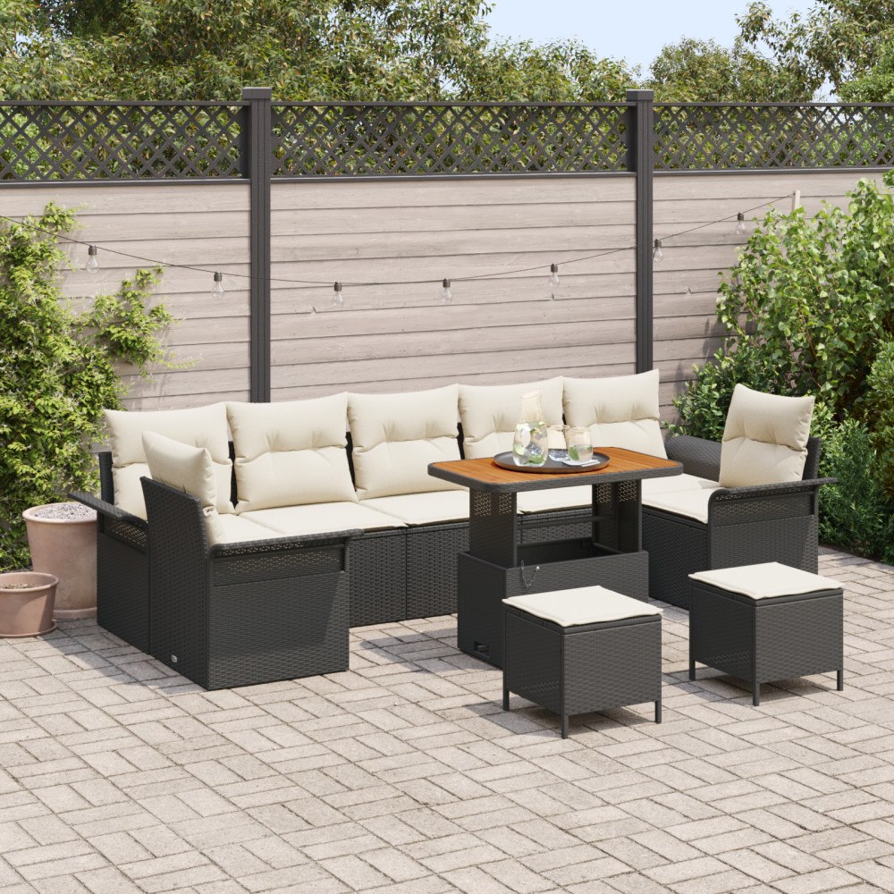 vidaXL 10-delars trädgårdsoffset med kuddar svart poly rattan akacia, vidaXL 2-sits trädgårdsoffa med kuddar svart poly rattan,...