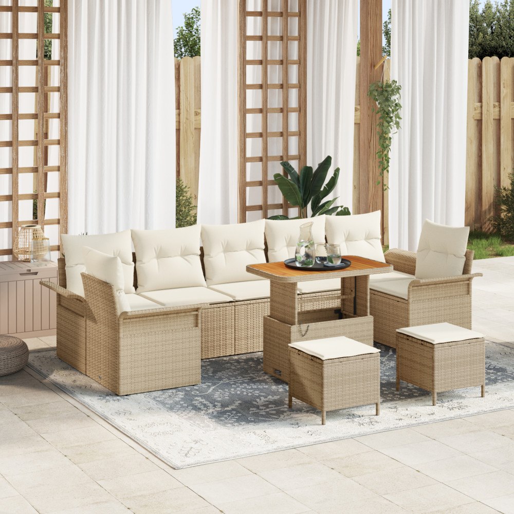vidaXL 10-delat trädgårdsssoffset med kuddar Beige Poly Rottning Akacia, vidaXL 2-sits trädgårdsssoffa med kuddar Beige Poly Ro...