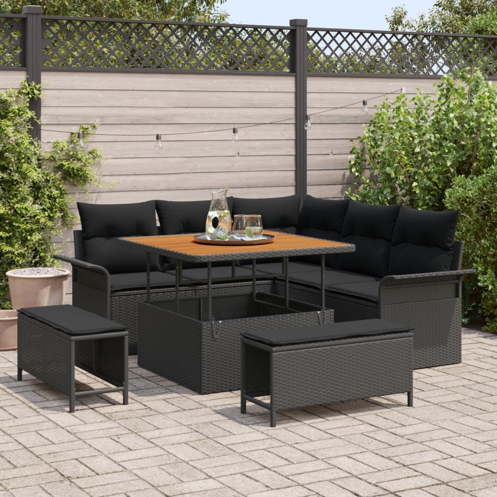 vidaXL 8-delars trädgårdsoff-set med kuddar, svart poly rattan akacia, vidaXL 2-sits trädgårdsoffa med kuddar, svart poly ratta...