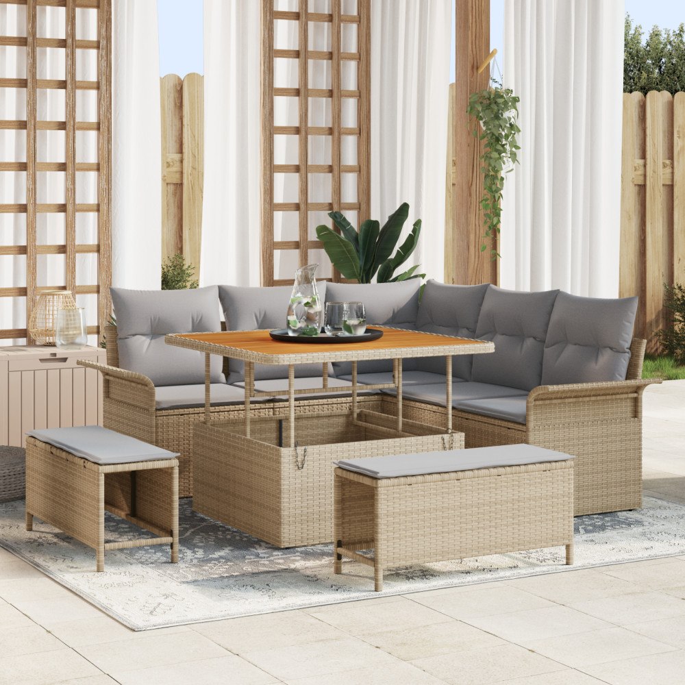 vidaXL 8-delars trädgårdssoffa med kuddar i beige poly rotting akacia, vidaXL 2-sits trädgårdssoffa med kuddar i beige poly rot...