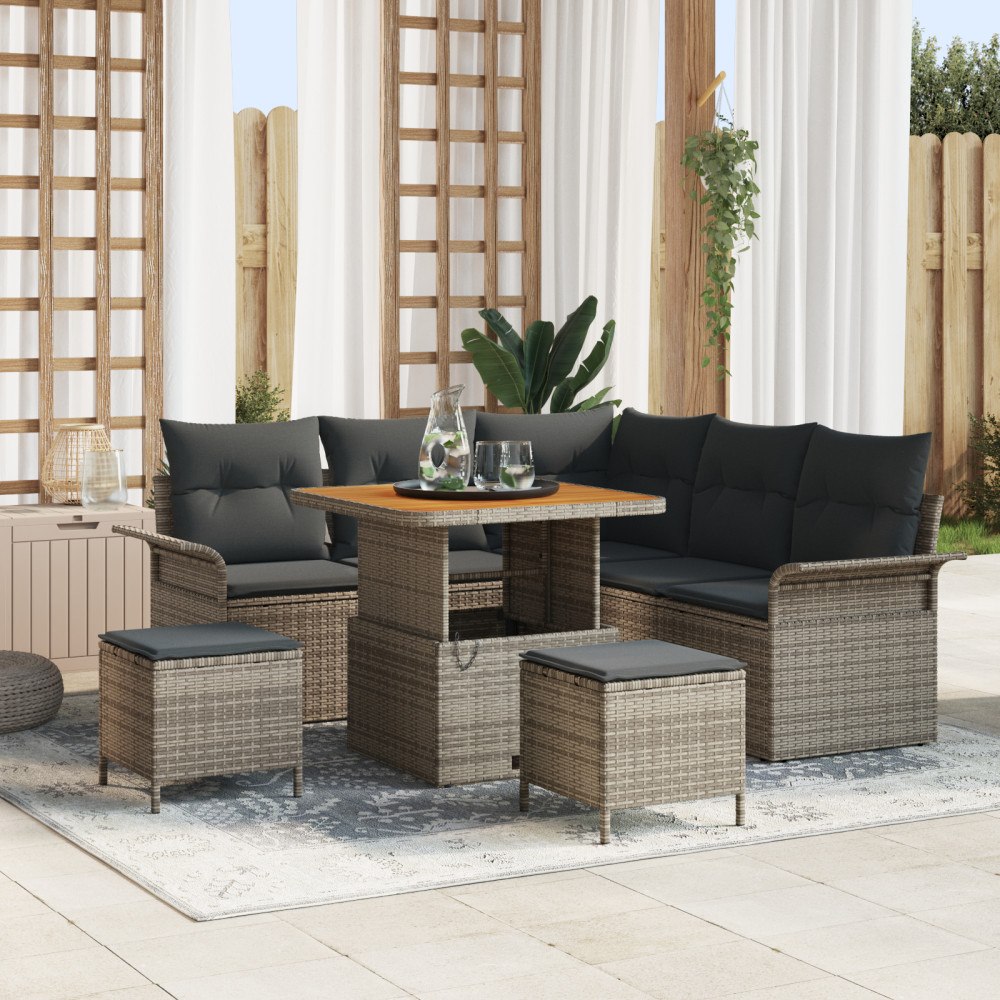 vidaXL 8-delat trädgårdsoffset med kuddar grå poly rattan akacia, vidaXL 2-sits trädgårdsoffa med kuddar grå poly rattan, vidaX...