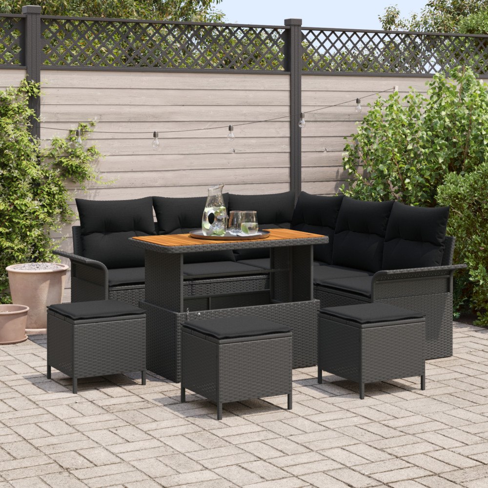 vidaXL 9-delat trädgårdsoffas med kuddar svart poly rattan akacia, vidaXL 2-sits trädgårdsoffa med kuddar svart poly rattan, vi...