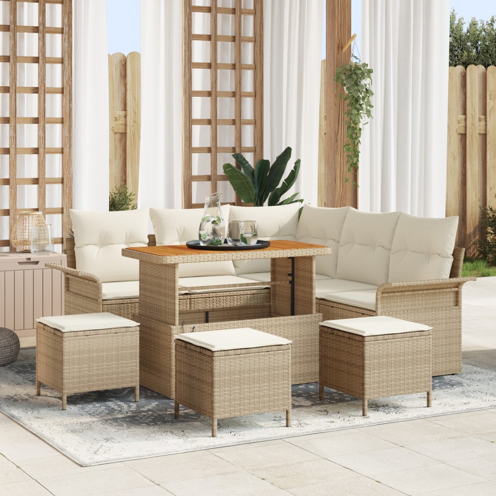vidaXL 9-delars trädgårdsoffaset med kuddar beige poly rotting akacia, vidaXL 2-sits trädgårdsoffa med kuddar beige poly rottin...