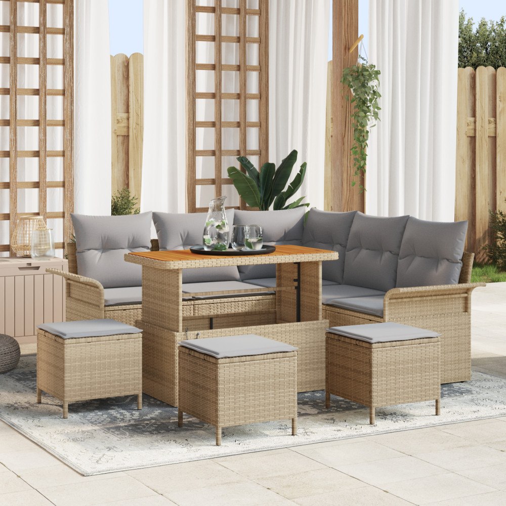 vidaXL 9-delat trädgårdsofaset med kuddar Beige Poly Rattan Akacia, vidaXL 2-sits trädgårdsoffa med kuddar Beige Poly Rattan, v...