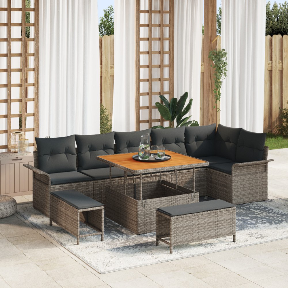 vidaXL 9-delat trädgårdsoffset med kuddar Grå Poly Rattan Akacia, vidaXL 2-sits trädgårdsoffa med kuddar Grå Poly Rattan, vidaX...