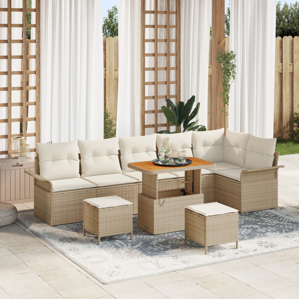vidaXL 9-delad trädgårdsoffagrupp med kuddar beige poly rattan acacia, vidaXL 2-sits trädgårdsoffa med kuddar beige poly rattan...