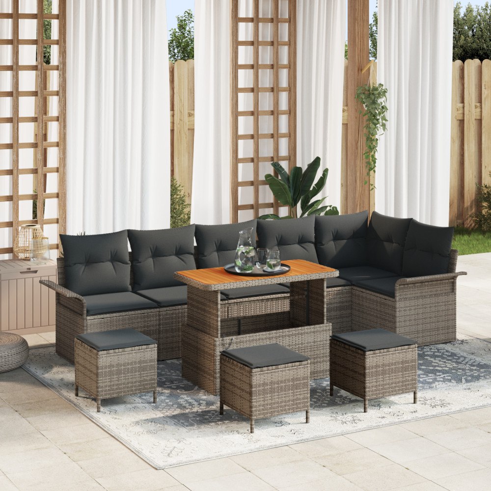 vidaXL 10-delars trädgårdsoffaset med kuddar grå poly rattan akacia, vidaXL 2-sits trädgårdsoffa med kuddar grå poly rattan, vi...
