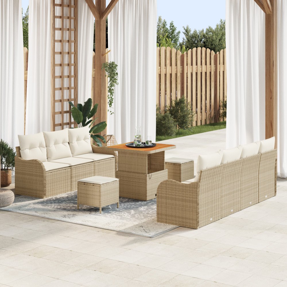 vidaXL 10-delad Trädgårdsoffset med Kuddar Beige Polyrotting Akacia, vidaXL 2-sits Trädgårdsoffa med Kuddar Beige Polyrotting,...