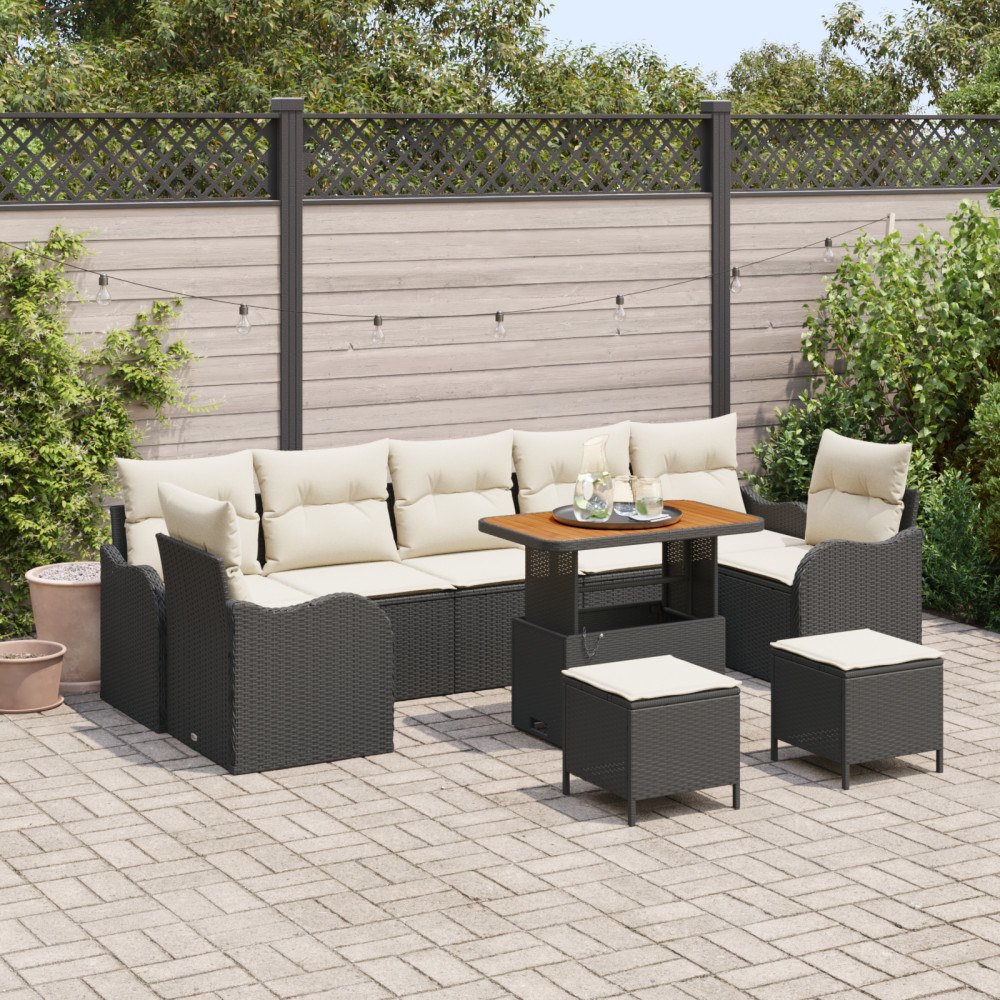 vidaXL 10-delat Trädgårdsoffaset med Kuddar Svart Poly Rattan Akaciaträ, vidaXL 2-sits Trädgårdsoffa med Kuddar Svart Poly Ratt...