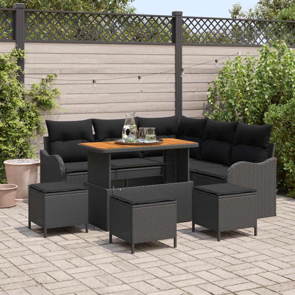 vidaXL 9-delat Trädgårdsofa Set med kuddar Svart Polyrotting Akacia