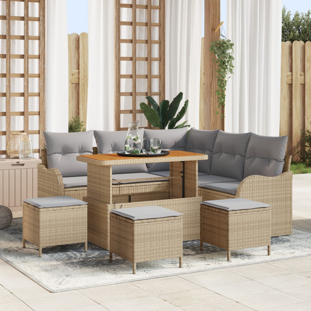 vidaXL 9-delat trädgårdssoffset med kuddar Beige Poly Rattan Akacia, vidaXL 2-sits trädgårdssoffa med kuddar Beige Poly Rattan,...
