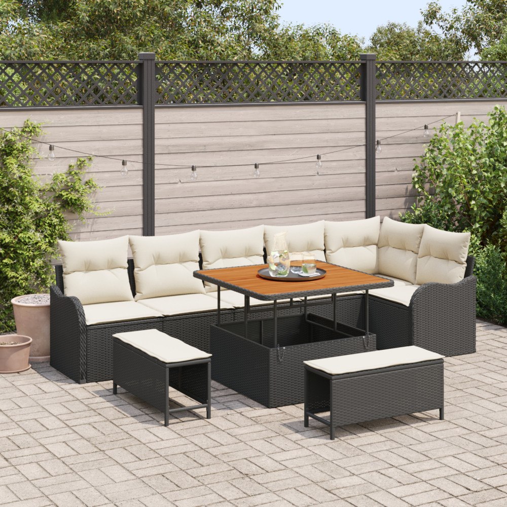 vidaXL 9 Delar Trädgårdsoffset med dynor Svart Poly Rattan Akacia, vidaXL 2-sits Trädgårdsoffa med dynor Svart Poly Rattan, vid...