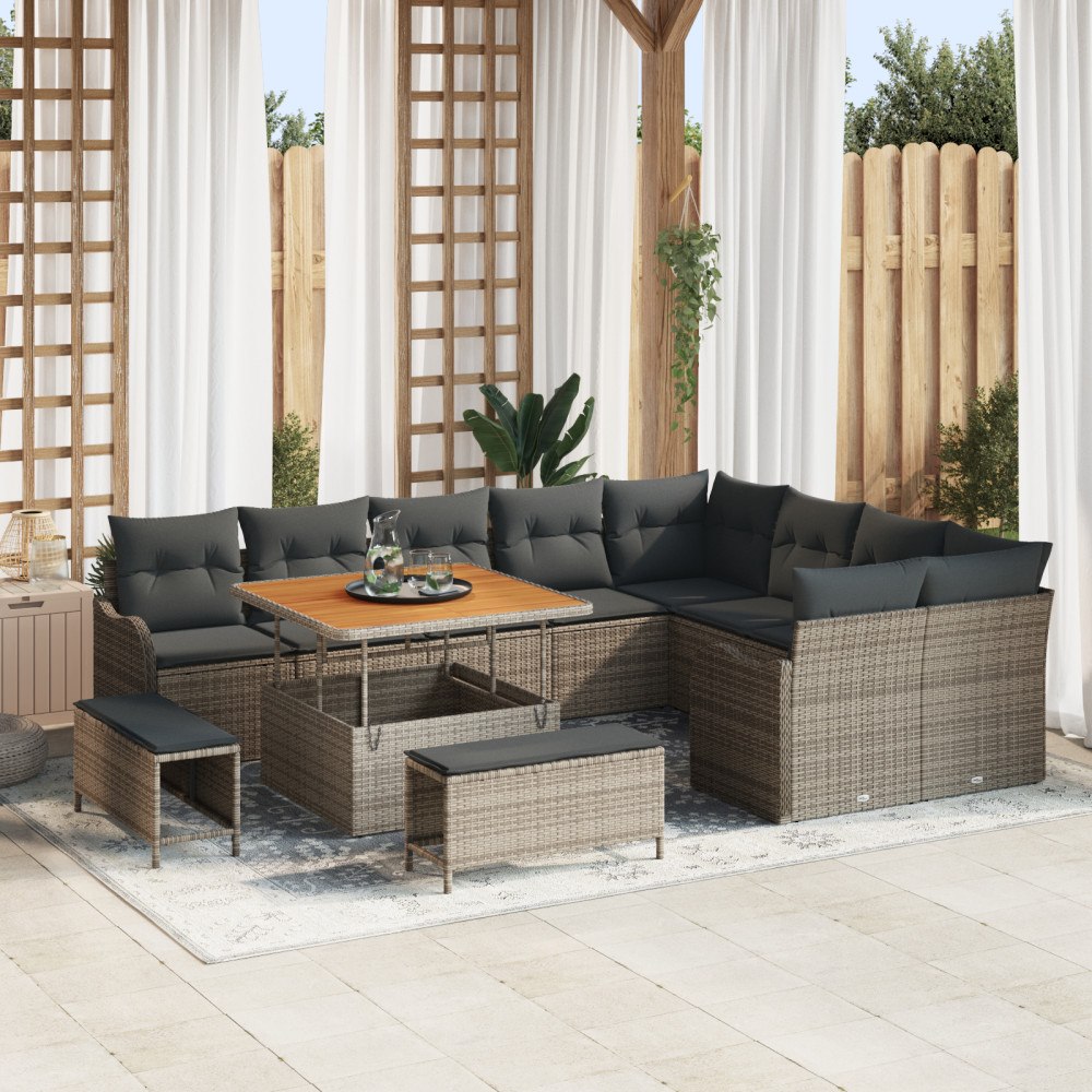 vidaXL 12 Delars Trädgårdssoffset med Kuddar Grå Poly Rattan, vidaXL 3 Delars Trädgårdsmatset med Kuddar Grå Poly Rattan, vidaX...