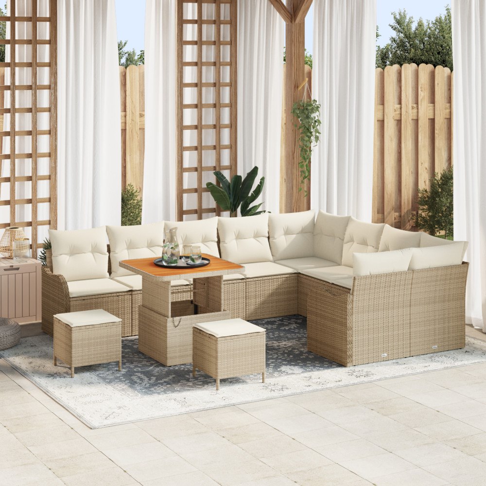 vidaXL 12 Delars trädgårdsoffagrupp med kuddar beige poly rattans, vidaXL 3 Delars trädgårdsdining set med kuddar beige poly ra...