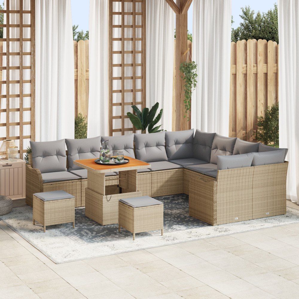 vidaXL 12-delars Trädgårdssoffset med Kuddar - Beige Poly Rattan Akacia, vidaXL 3-delars Trädgårdsbordsset med Kuddar - Beige P...