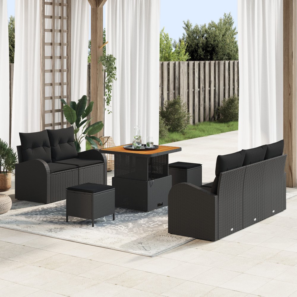 vidaXL 8-delars trädgårdsoffaset med kuddar svart poly rattan akacia, vidaXL 2-sits trädgårdsoffa med kuddar svart poly rattan,...