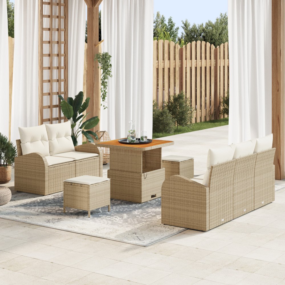 vidaXL 8-delat trädgårdsoffset med kuddar beige polyrotting akacia, vidaXL 2-sits trädgårdsoffa med kuddar beige polyrotting, v...