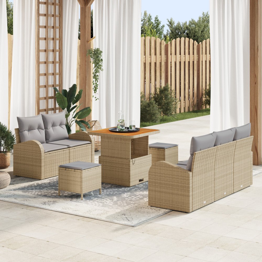 vidaXL 8-delat trädgårdsoff-set med kuddar Beige Poly Rattan Akacia, vidaXL 2-sits trädgårdsoffa med kuddar Beige Poly Rattan,...