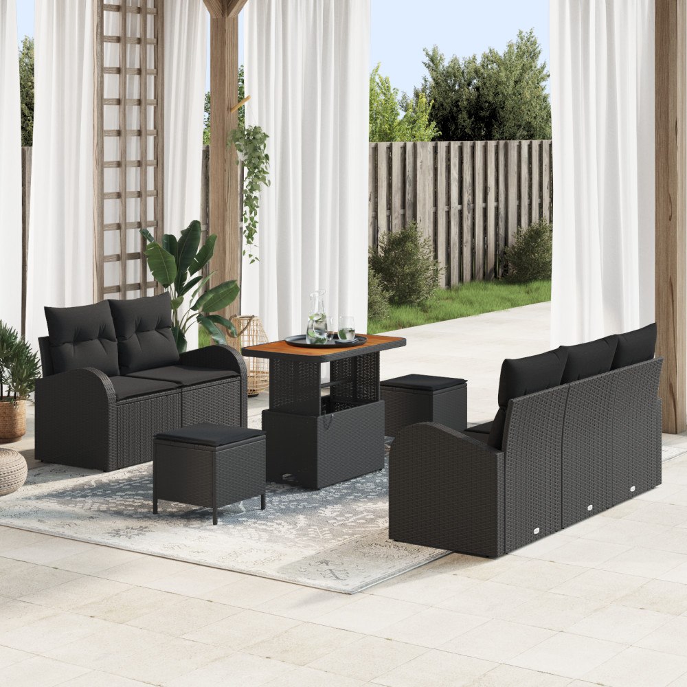 vidaXL 8-delat trädgårdsoffset med kuddar Svart Poly Rattan Akacia, vidaXL 2-sits trädgårdsoffa med kuddar Svart Poly Rattan, v...