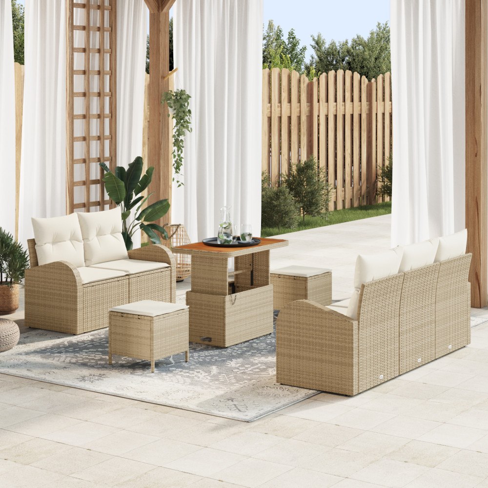 vidaXL 8-delad Trädgårdsoffgrupp med Kuddar Beige Poly Rattan Akacia, vidaXL 2-sits Trädgårdsoffa med Kuddar Beige Poly Rattan,...