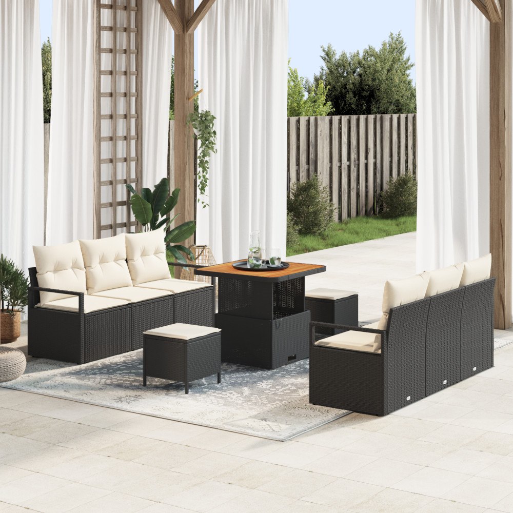 vidaXL 9 Delars Trädgårdsoffaset med Kuddar Svart Poly Rattan Akacia, vidaXL 2-Sits Trädgårdsoffa med Kuddar Svart Poly Rattan,...