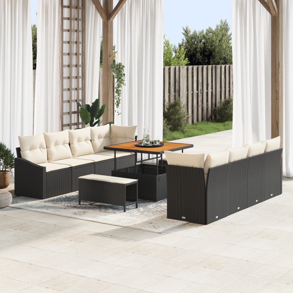 vidaXL 11-delad trädgårdsoffset med kuddar svart poly rattan akacia, vidaXL 2-sits trädgårdsoffa med kuddar svart poly rattan,...