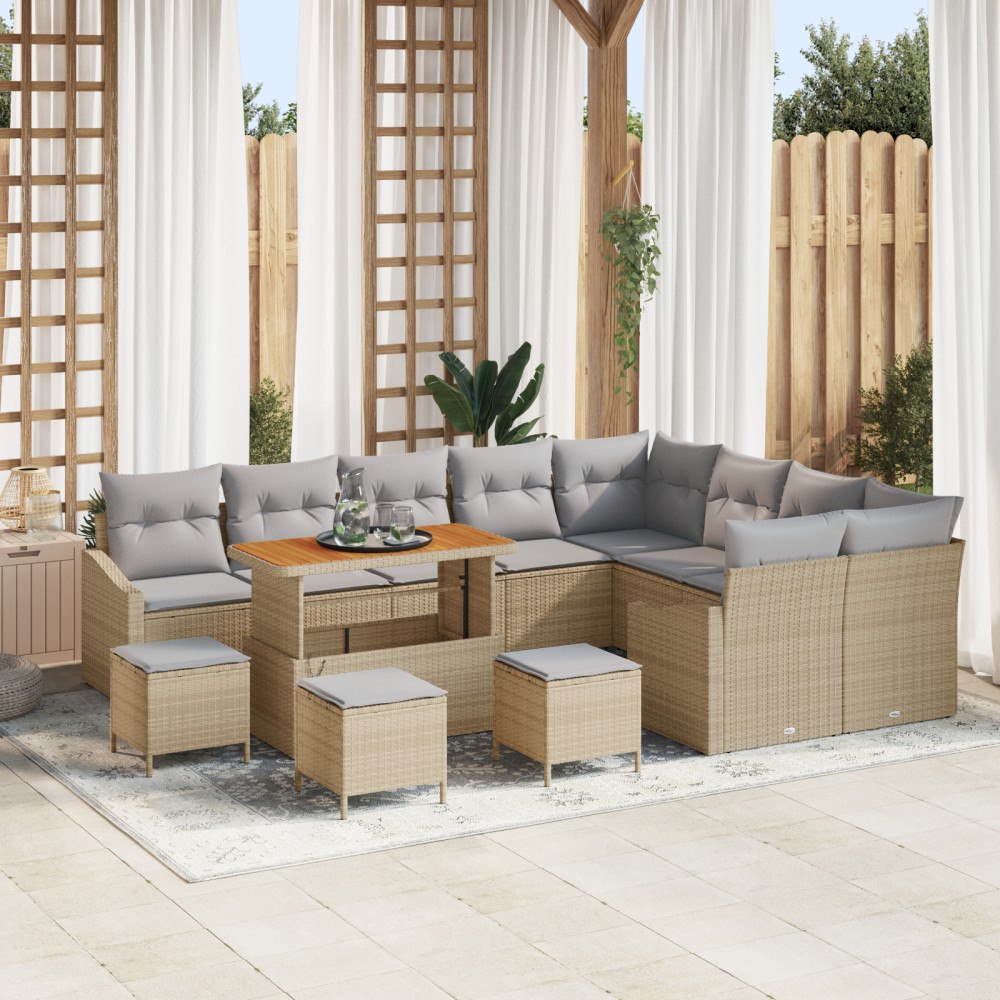 vidaXL 13-delars trädgårdsoffagrupp med kuddar Beige Poly Rattan Akacia, vidaXL 4-delars trädgårdssoffagrupp med kuddar Beige P...