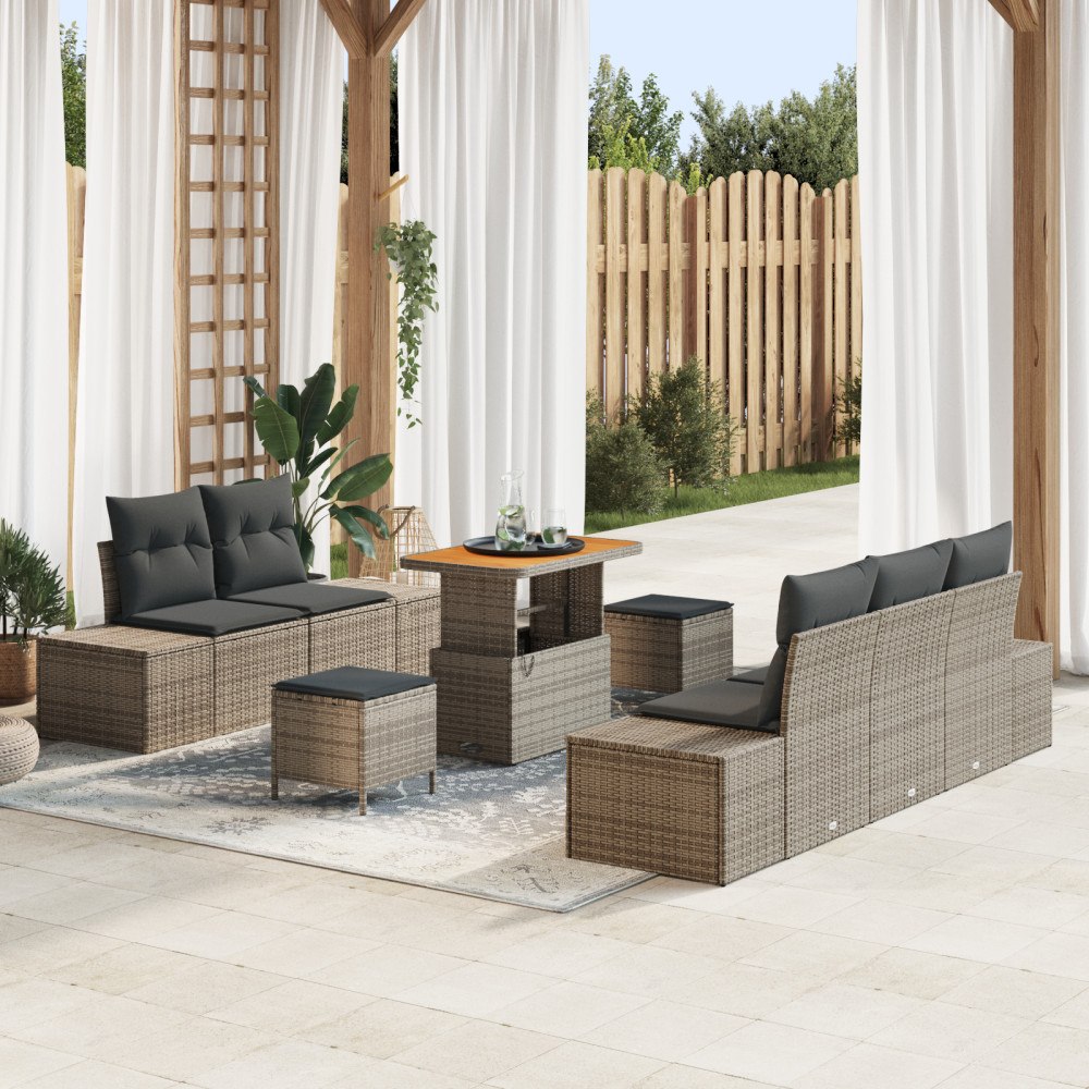 vidaXL 8-delat trädgårdsoffaset med kuddar grå poly rattan akacia, vidaXL 2-sits trädgårdsoffa med kuddar grå poly rattan, vida...