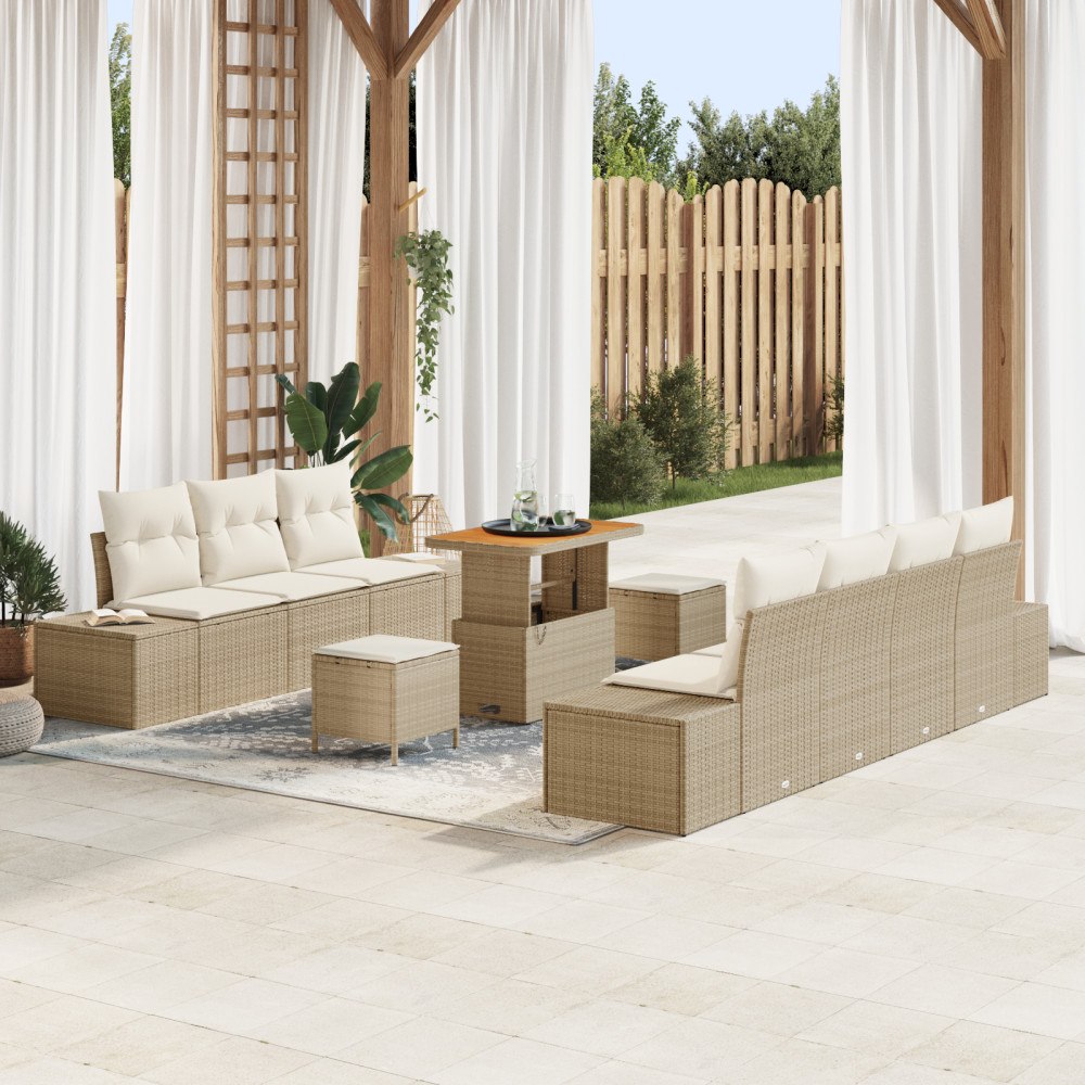 vidaXL 10-delat trädgårdsoffset med kuddar Beige Poly Rattan Akacia, vidaXL 2-sits trädgårdsoffa med kuddar Beige Poly Rattan,...