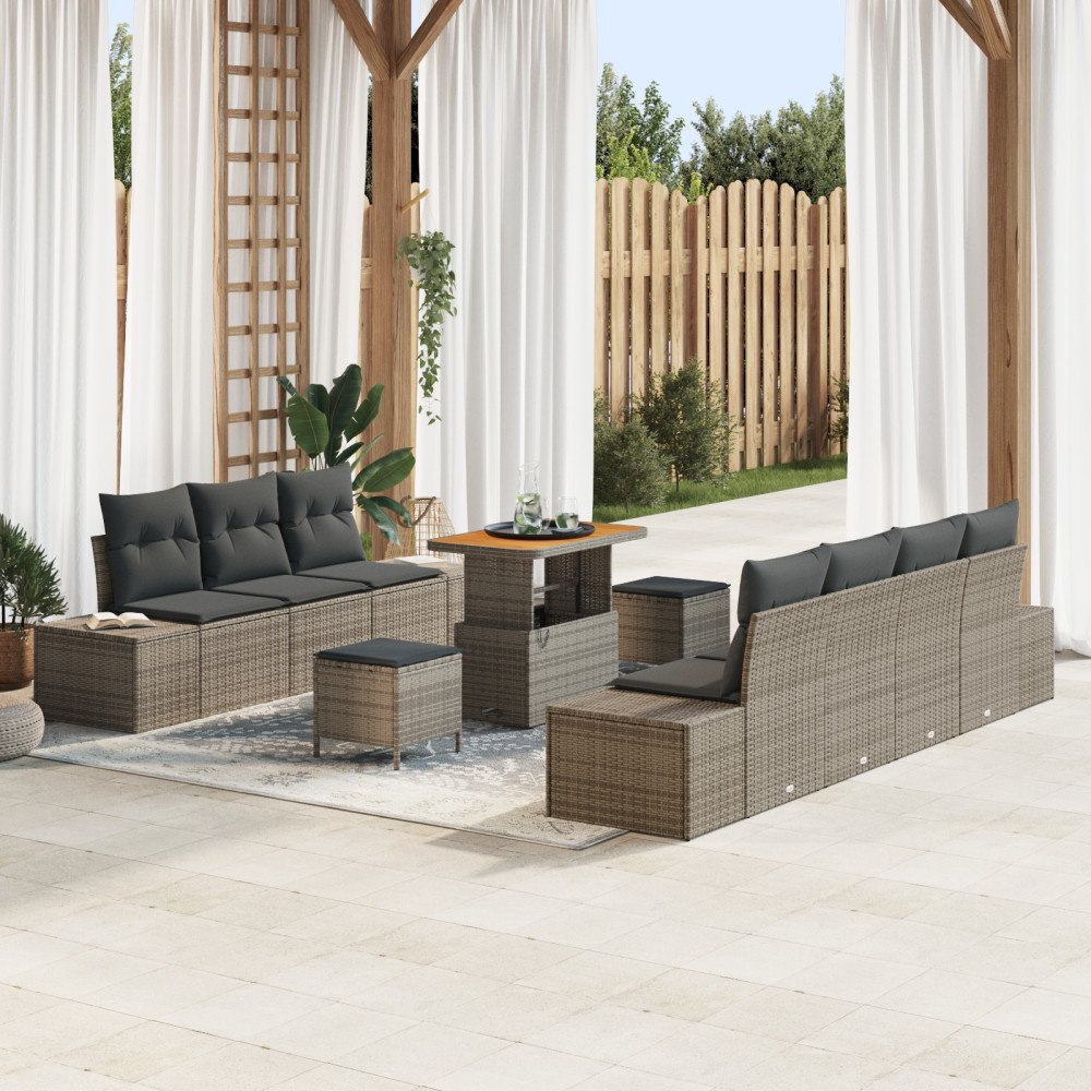 vidaXL 10-delat trädgårdsoff-set med kuddar grå poly rattan akacia, vidaXL 2-sits trädgårdsoffa med kuddar grå poly rattan, vid...