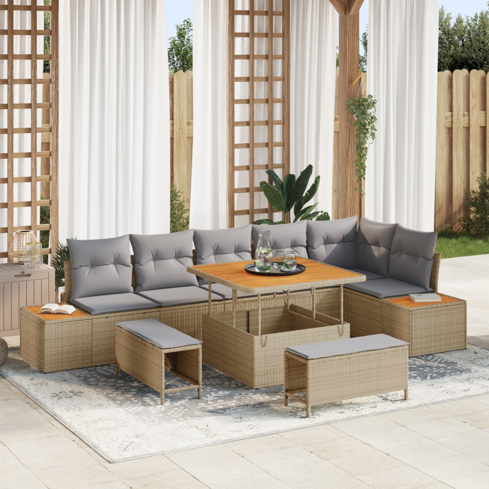 vidaXL 9-delad trädgårdsoffset med kuddar i beige, polyrotting akaciaträ, vidaXL 3-delad trädgårdsdining set med kuddar i beige...