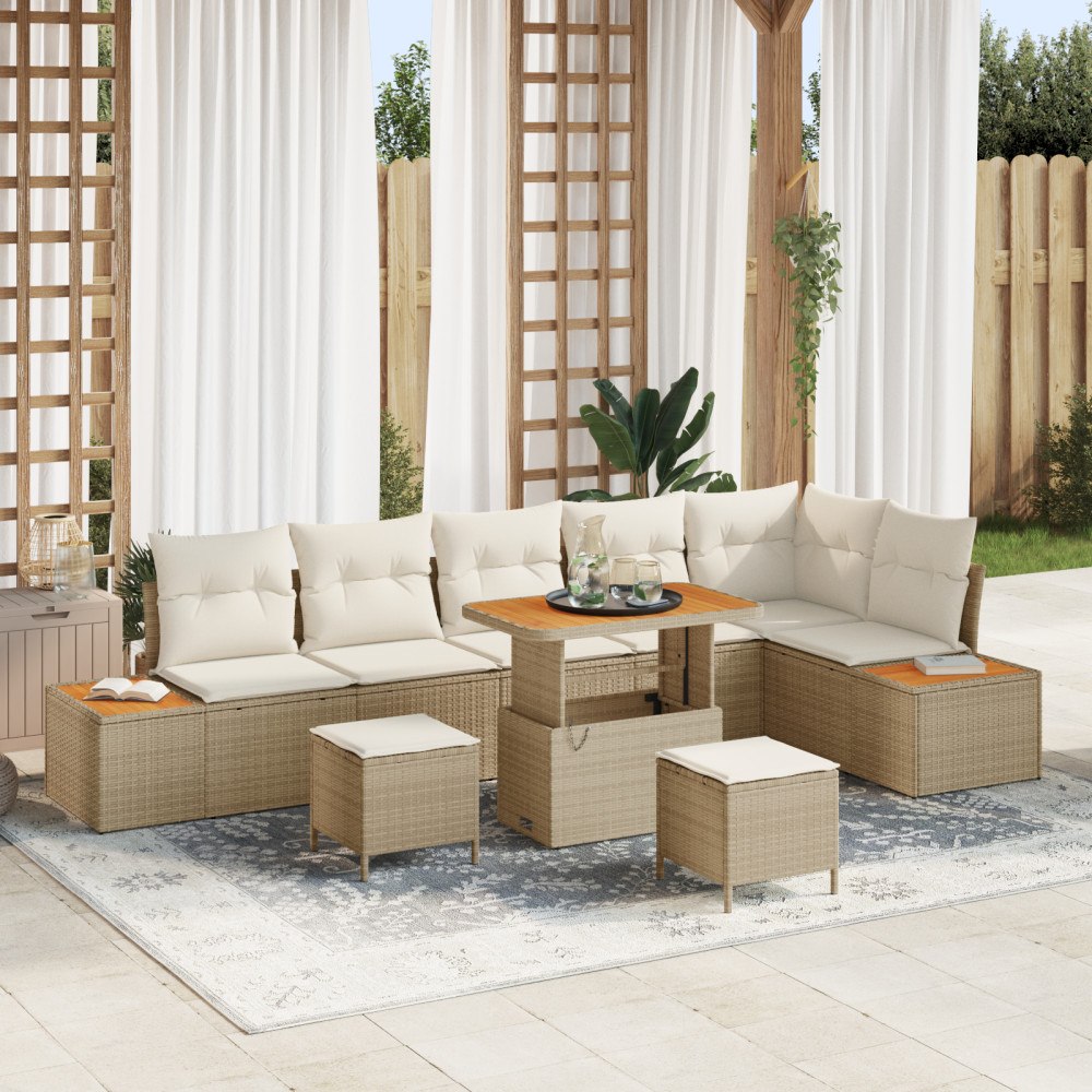 vidaXL 9-delat trädgårdssoffset med kuddar beige polyrotting akacia, vidaXL 3-delat trädgårdsdining set med kuddar beige polyro...