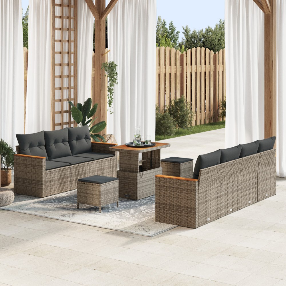 vidaXL 10 Delars Grå Trädgårdsoffset med Kuddar Poly Rattan Akacia, vidaXL 3 Delars Grå Trädgårds Ätset med Kuddar Poly Rattan...