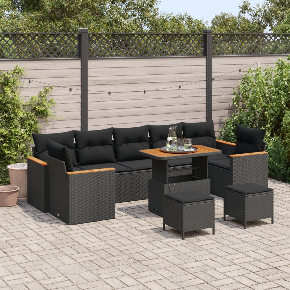 vidaXL Trädgårdsoffset med kudde 10 pcs Svart Poly rattan