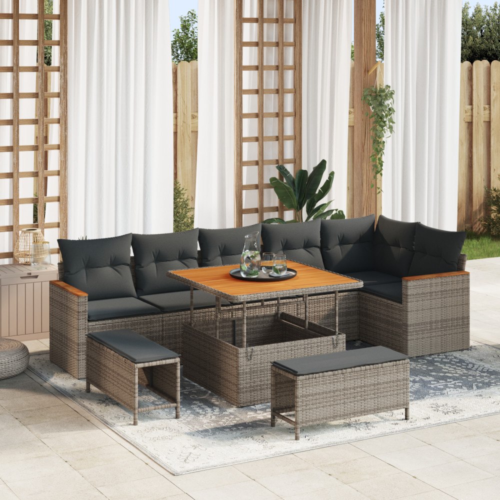 vidaXL 9-delat trädgårdsoffaset med kuddar Grå Poly Rattan Akacia, vidaXL 3-delat trädgårdsdining set med kuddar Grå Poly Ratta...