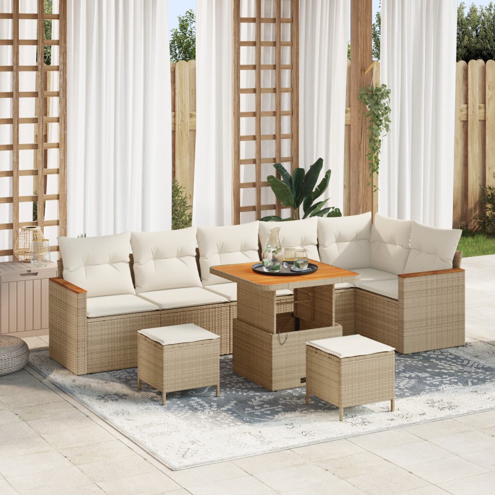 vidaXL 9 Delars Trädgårdsoffaset med Dynor Beige Poly Rattan Akacia, vidaXL 3 Delars Trädgårdsmattsset med Dynor Beige Poly Rat...