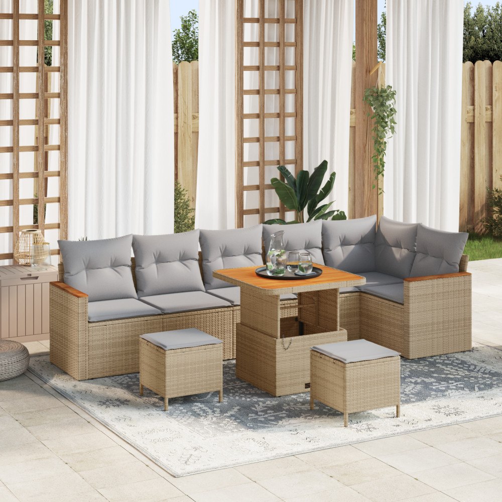 vidaXL Trädgårdsoffset med kudde 9 pcs Beige Poly rattan